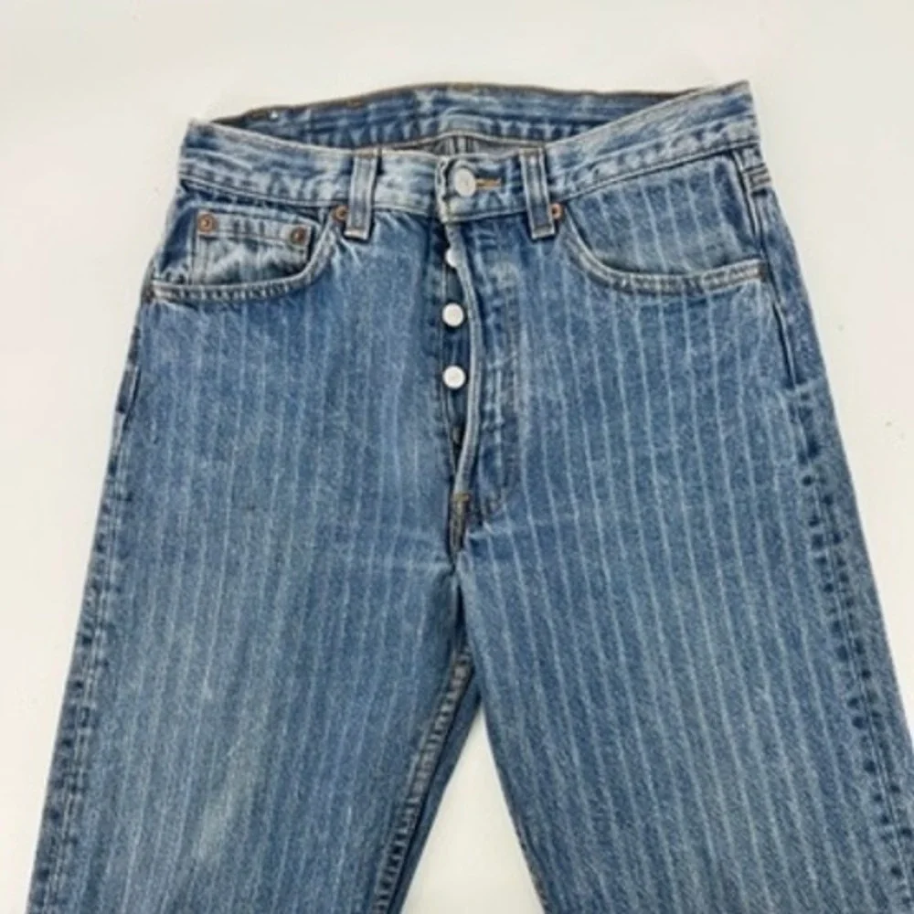 Vintage Levi's 501xx Hickory Pinstripe Jeans Mens 28x32 Blue USA Button Fly Rare